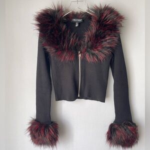 Dollskill Ribbed Knit Fur Trim Crop Zip Top S